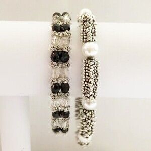 Beaded Black White & Silver Stretch Bracelets